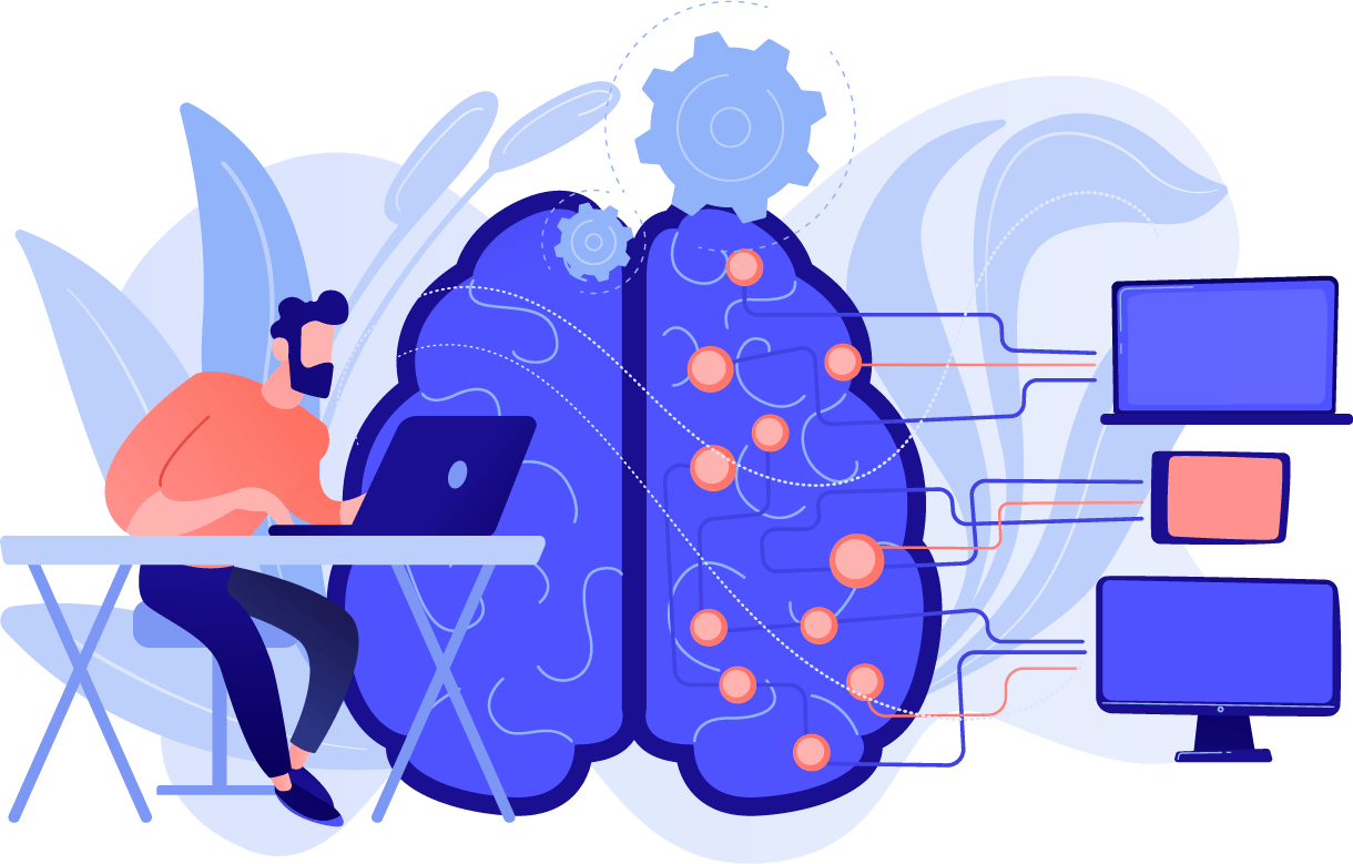 brain and man with computer development