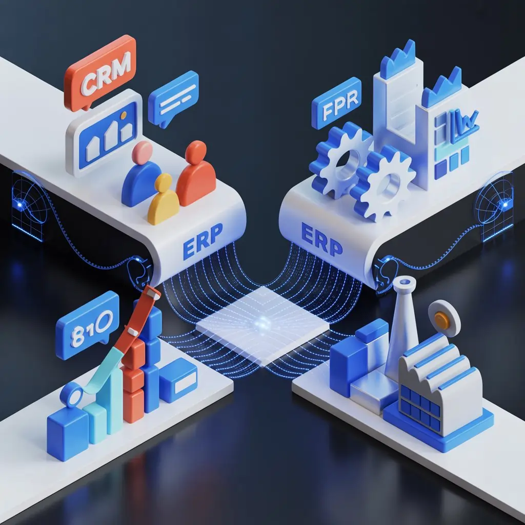 MDQuality Apps Solutions infographic comparing CRM and ERP systems for Indian SME business automation, featuring sales pipeline and supply chain icons.