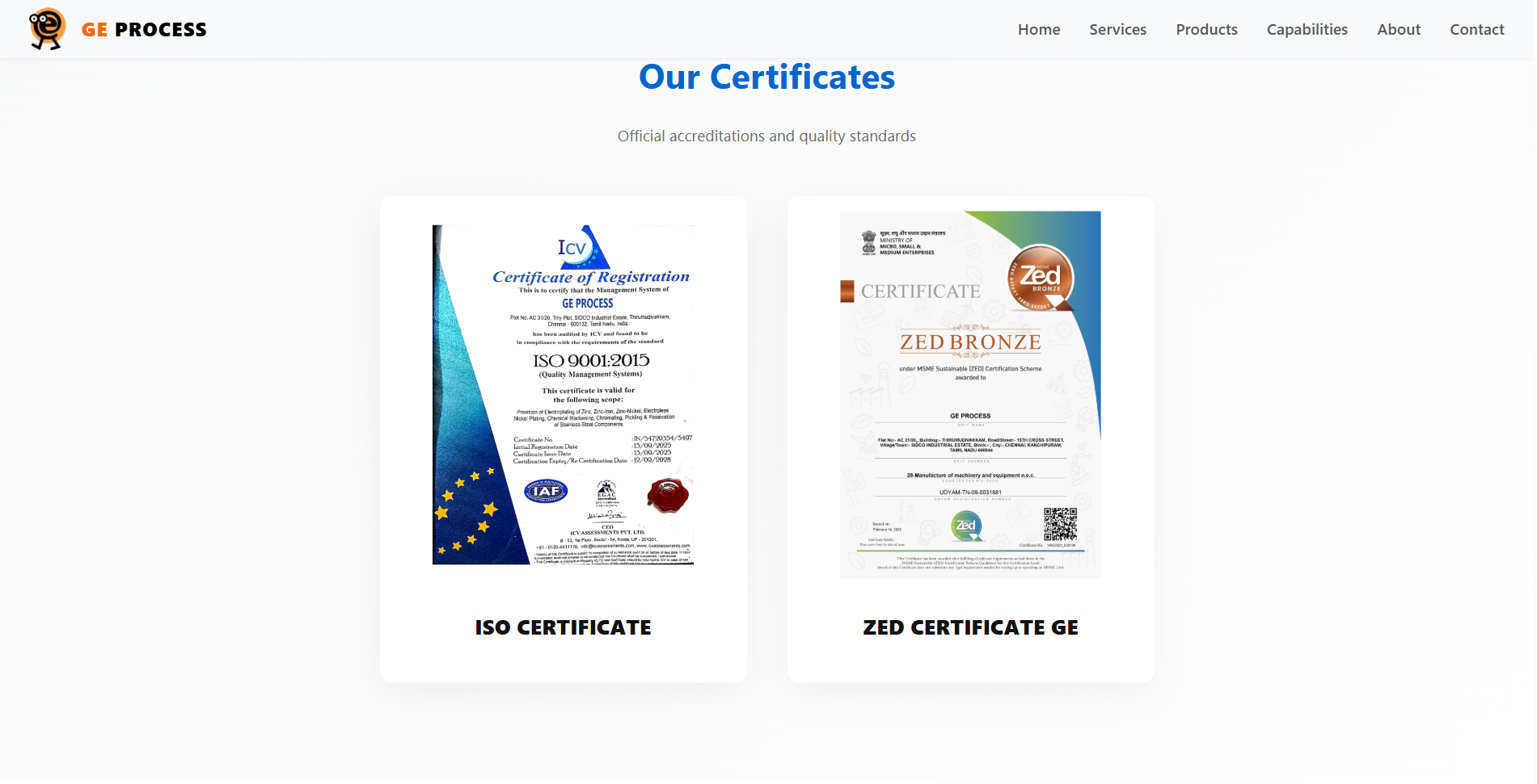 GE Process Certifications - ISO 9001:2015 and ZED Bronze